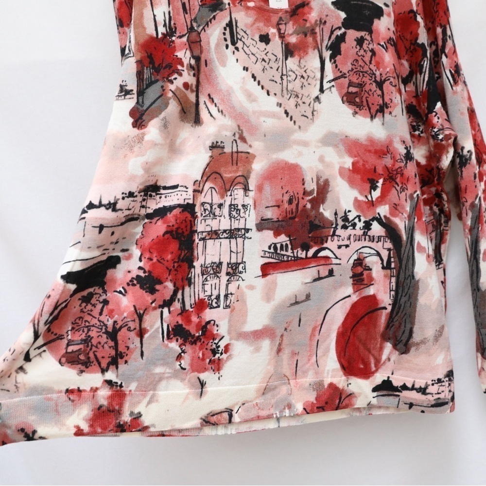 NWT Talbots Soft Merino V-neck Sweater Scenic Autumn City Square print warm 3X - Picture 5 of 10